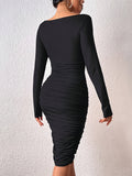 hoombox  Long Sleeve Slim Ruched Dress, Elegant Surplice Neck Hourglass Dress, Women's Clothing