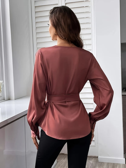 Solid Surplice Neck Belted Blouse, Casual Long Sleeve Blouse For Spring & Fall, Women's Clothing