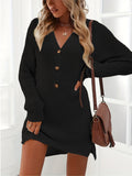 hoombox Button Front Sweater Dress, Casual V Neck Long Sleeve Midi Dress, Women's Clothing