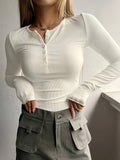 hoombox Solid Ribbed T-Shirt, Casual Long Sleeve Top For Spring & Fall, Women's Clothing