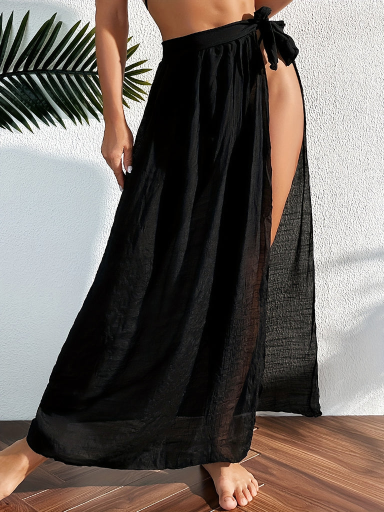 hoombox Semi Sheer Bowknot Cover Up Skirt, Solid Black Split Maxi Length Elegant Beach Skirt, Women's Swimwear & Clothing