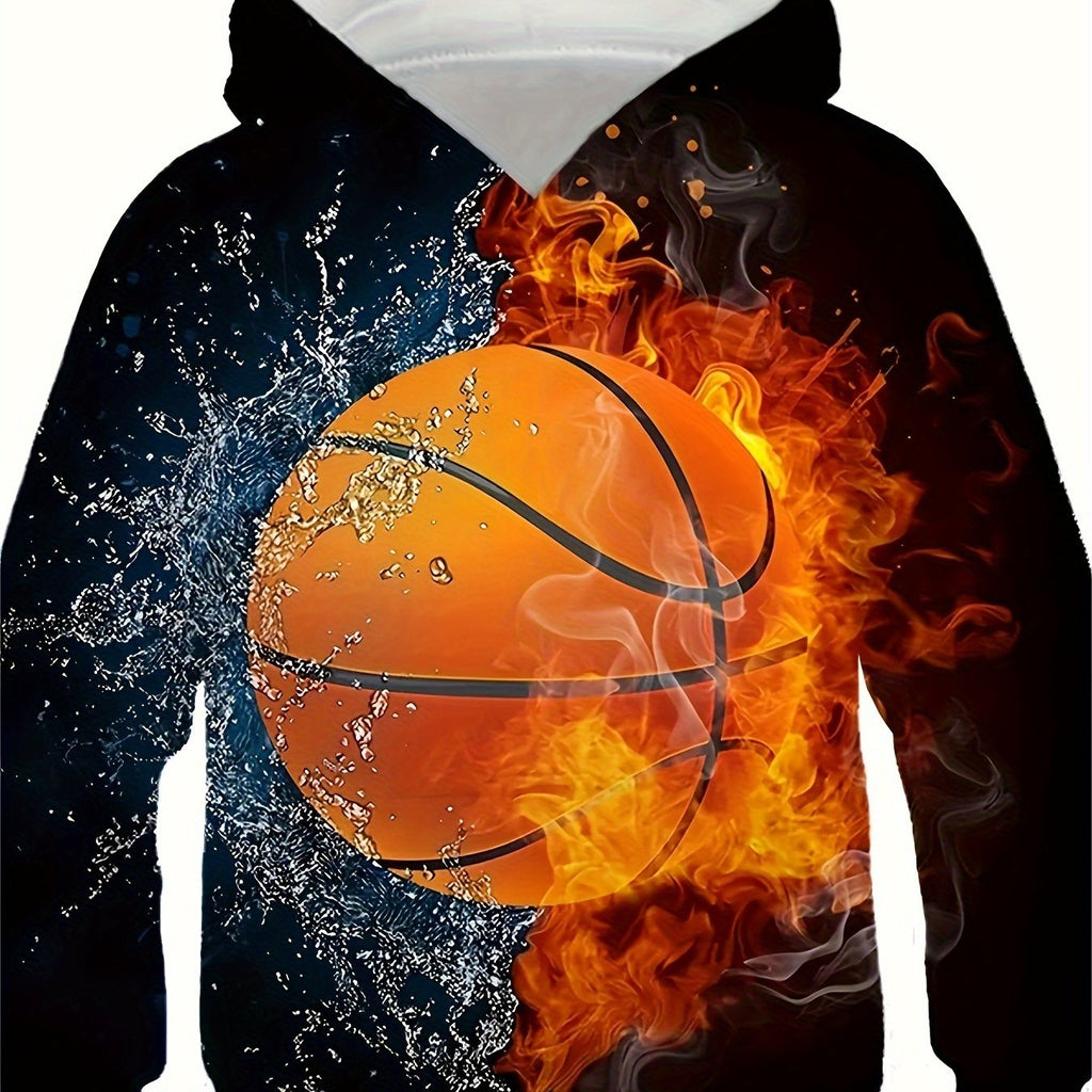 Fire Basketball 3D Print Men's Chic Long Sleeve Hooded Sweatshirt, Men's Sports Hoodie, Spring Fall Outdoor