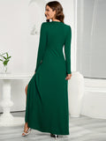 Split Thigh Ruched Solid Dress, Elegant V Neck Long Sleeve Bodycon Dress, Women's Clothing