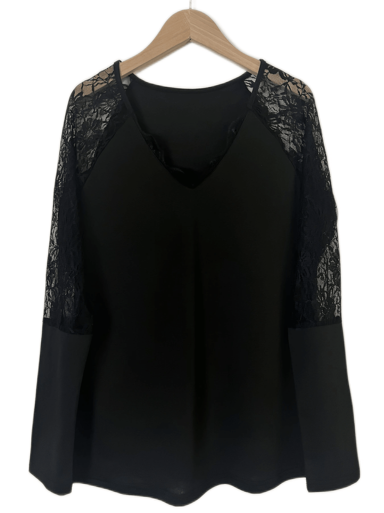 Contrast Lace V Neck T-Shirt, Casual Long Sleeve Top For Spring & Fall, Women's Clothing
