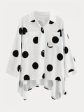 Polka Dot Print Dipped Hem Blouse, Casual Button Front Long Sleeve Blouse, Women's Clothing
