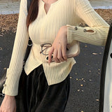 hoombox  Button Decor Notch Neck Sweater, Chic Long Sleeve Split Hem Top, Women's Clothing
