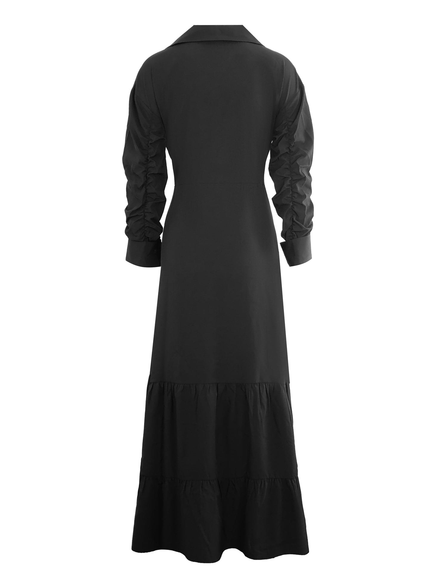 Solid Button Front Belted Dress, Elegant Ruched Sleeve Ruffle Trim Maxi Dress, Women's Clothing
