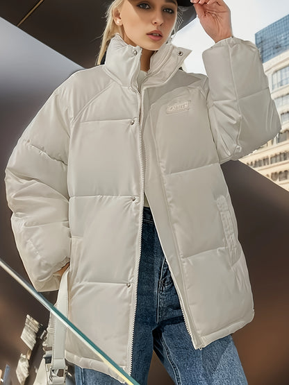 Loose Thickened Warm Jacket, Solid Color Zipper Puffer Coat, Women's Activewear
