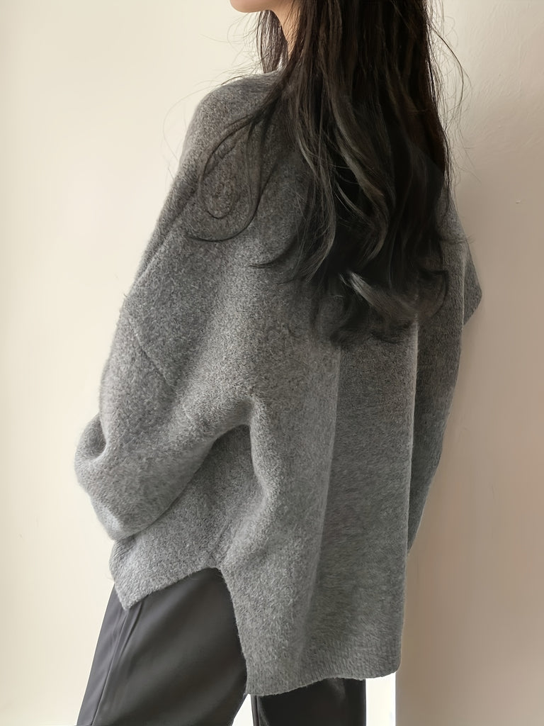 hoombox  Solid Dipped Hem Split Pullover Sweater, Casual Lantern Sleeve Oversized Sweater, Women's Clothing