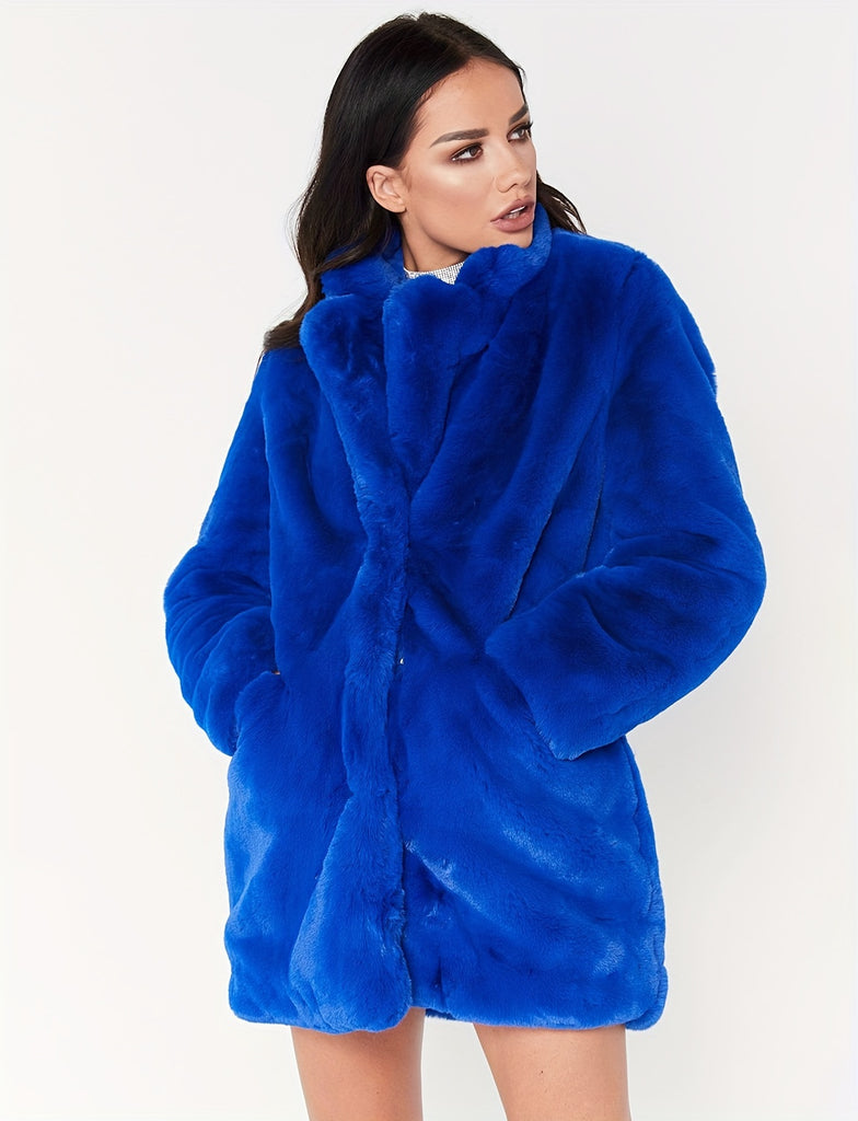 hoombox Plus Size Elegant Faux Fur Coat, Women's Plus Solid Faux Fur Long Sleeve Button Up Mock Neck Coat