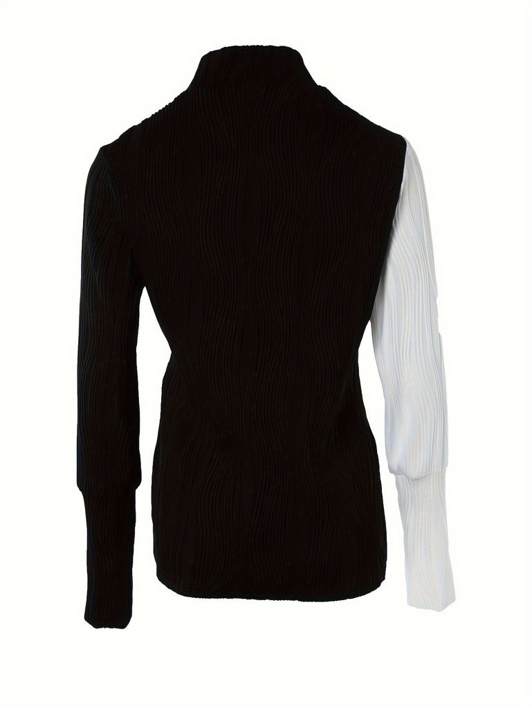hoombox Color Block Slanted Zipper T-shirt, Casual Textured Long Sleeve T-shirt, Women's Clothing