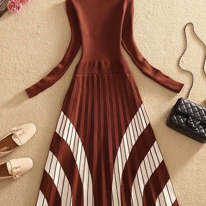 Striped Pleated Splicing Knitted Dress, Elegant Turtleneck Long Sleeve Swing Dress, Women's Clothing
