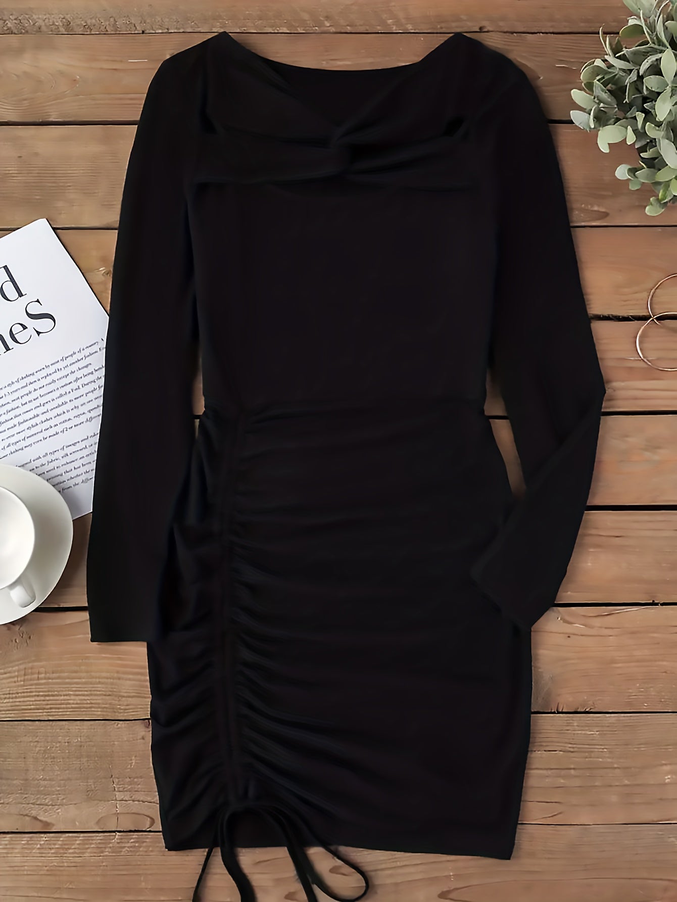 hoombox Cut Out Drawstring Dress, Party Wear Long Sleeve Bodycon Solid Dress, Women's Clothing