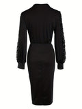 Contrast Lace Ruched Bodycon Dress, Elegant V Neck Long Sleeve Dress, Women's Clothing