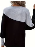 Color Block Long Sleeve Casual Top, Round Neck Sports Loose Thin Sweatshirt, Women's Clothing