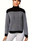 Color Block Mock Neck Pullover Sweater, Casual Long Sleeve Loose Fall Winter Sweater, Women's Clothing
