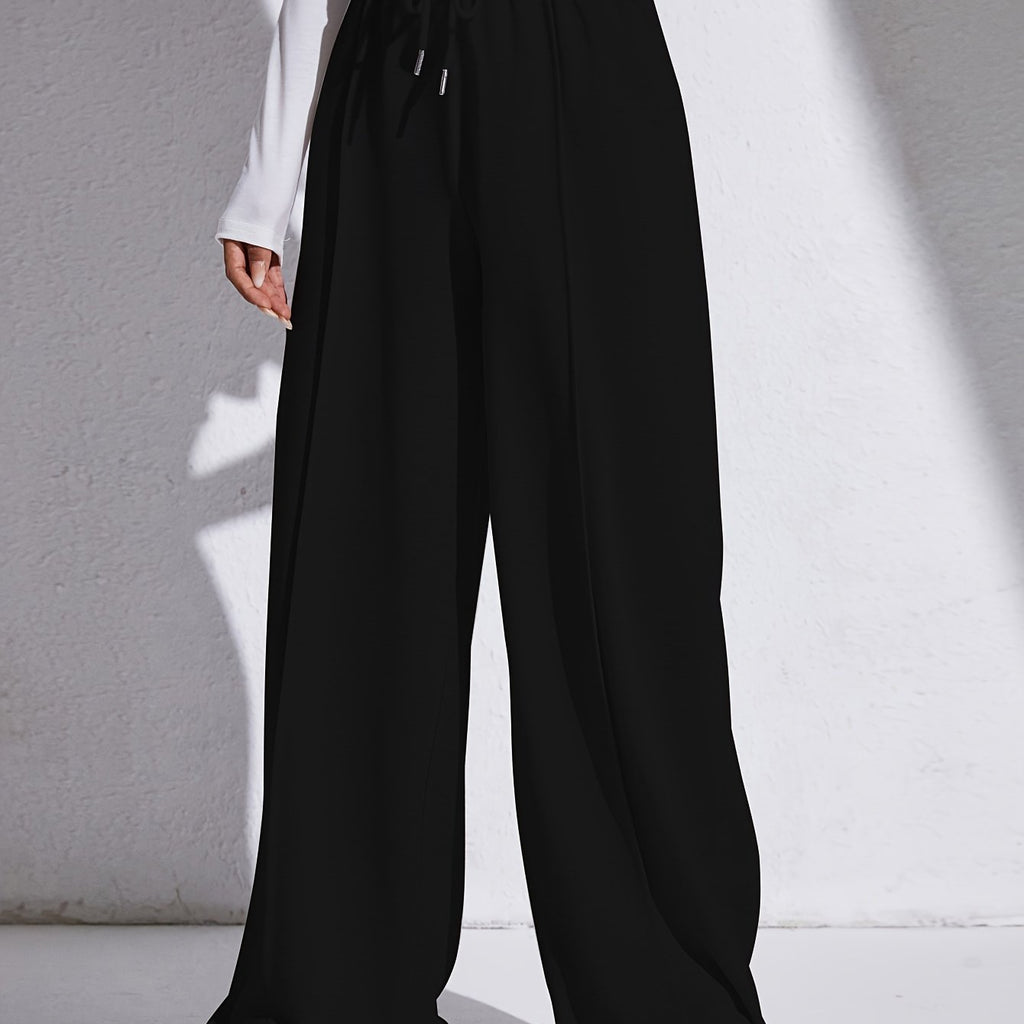 Solid Drawstring Elastic Waist Wide Leg Pants, Casual Loose Pants For Spring & Fall, Women's Clothing