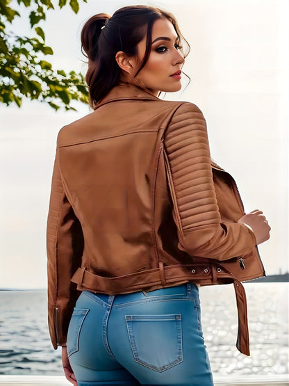 Solid Leather Biker Jacket, Streetwear Long Sleeve Zipper Outerwear, Women's Clothing