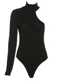 hoombox Solid Asymmetric One Shoulder Ribbed Knit Long Sleeve Bodysuit, Sexy Fall Winter One Piece Bodysuits, Women's Clothing