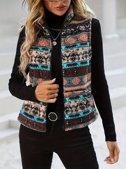 Allover Print Zip Up Vest Jacket, Casual Sleeveless Plush Jacket For Spring & Fall, Women's Clothing