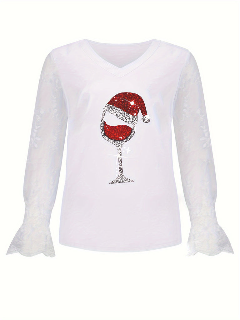hoombox Christmas Wine Glass Pattern T-Shirt, Casual V Neck Lace Stitching Long Sleeve Top For Spring & Fall, Women's Clothing