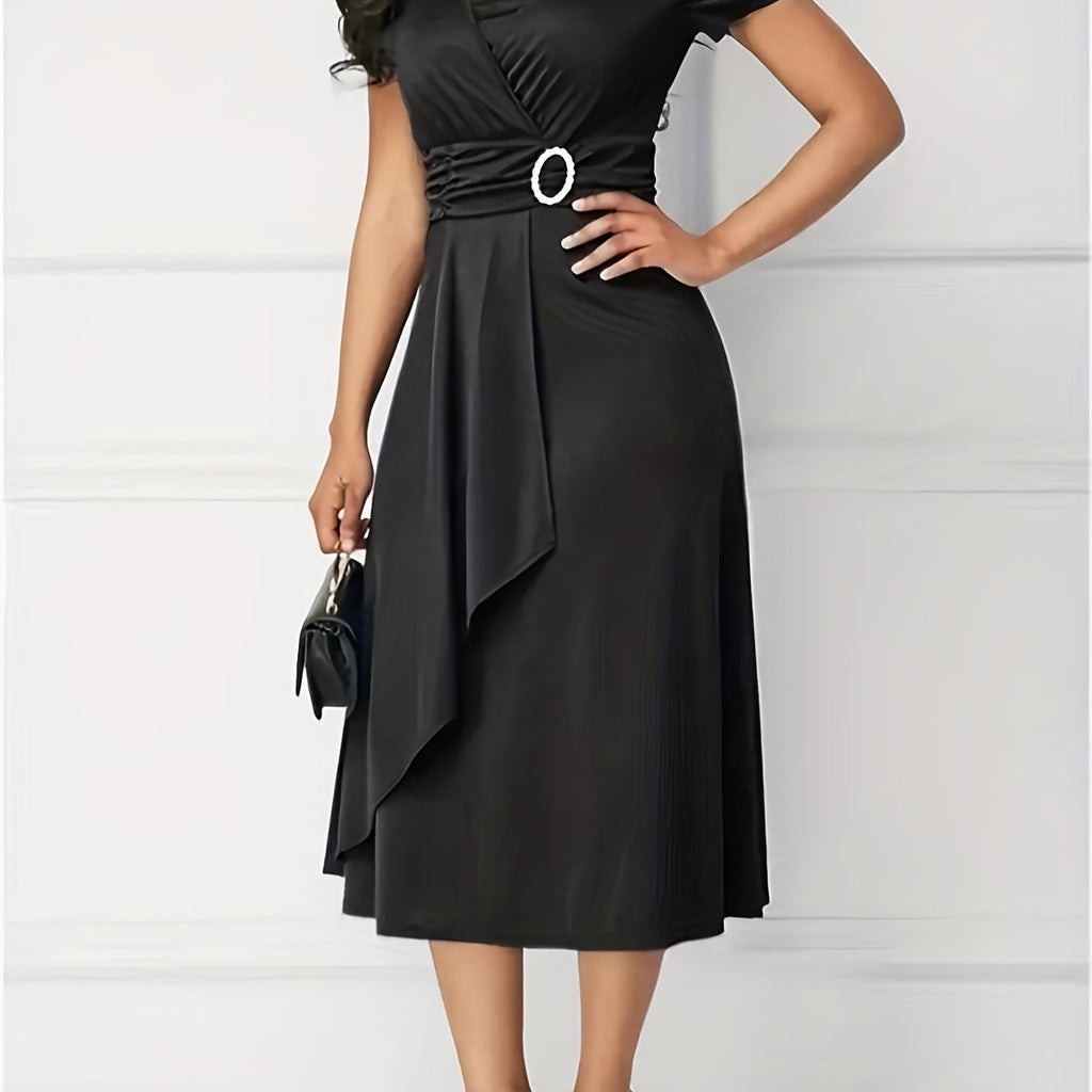 Elegant Skinny Rhinestoned Dress, Asymmetrical Hem Tie Waist Dress For Party & Banquet, Women's Clothing