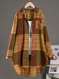 Colorblock Plaid Print Polo Collar Shirt, Casual Pocket Long Sleeve Shirt For Spring & Fall, Women's Clothing