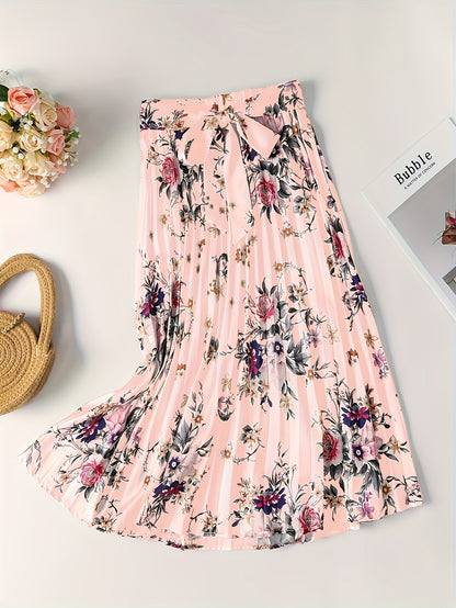 Vintage Floral Print Skirts, Elegant Pleated Tie Waist Daily Skirts, Women's Clothing