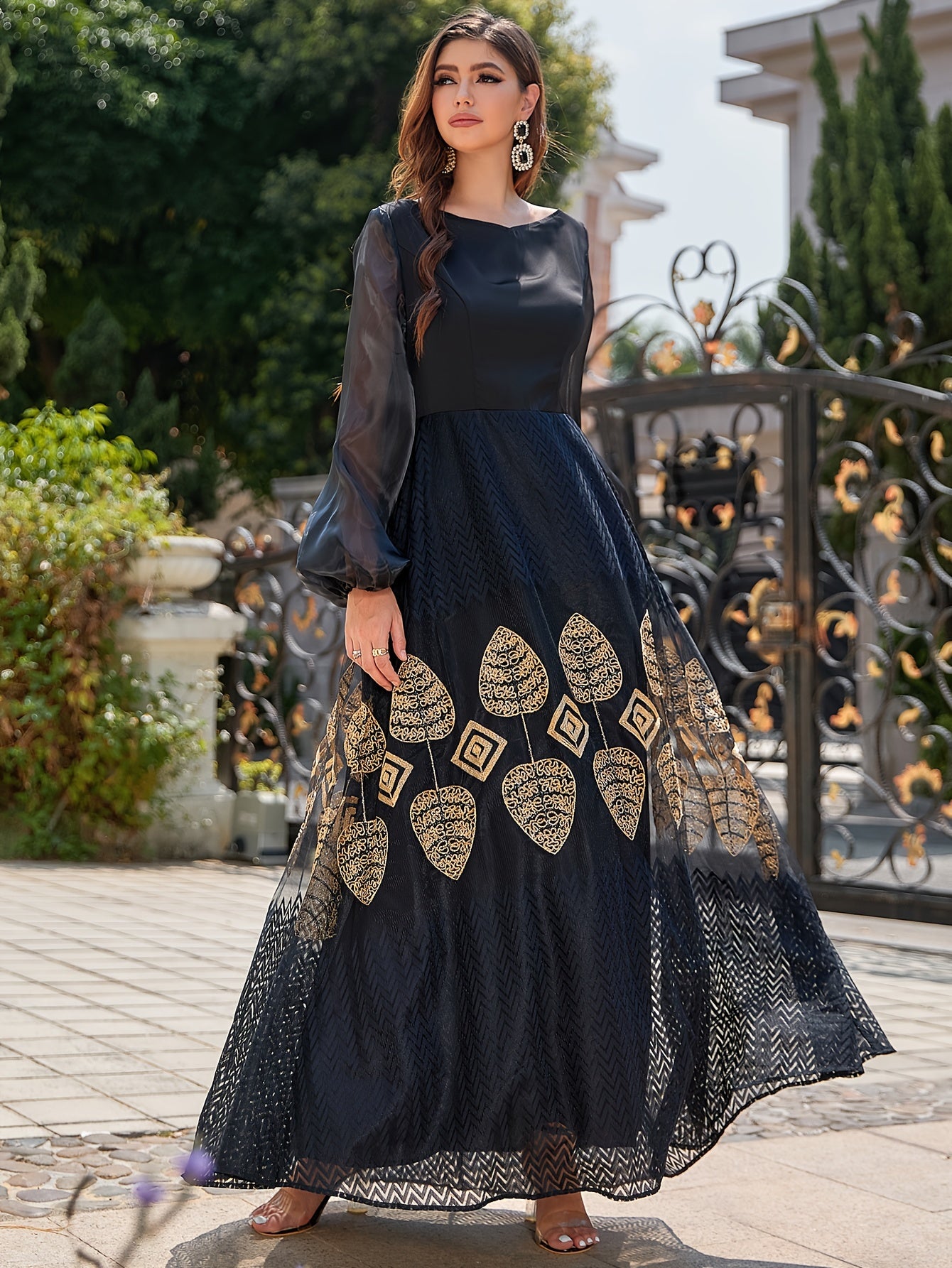 Ethnic Pattern Kaftan Dress, Elegant Long Sleeve Loose Maxi Dress, Women's Clothing