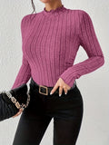 hoombox Long Sleeve Ribbed Knit T-Shirt, High Neck Elegant Casual Top For Fall & Spring, Women's Clothing