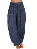 hoombox Plus Size Boho Pants, Women's Plus Paisley Print Ruched Loose Fit Medium Stretch Baggy Pants