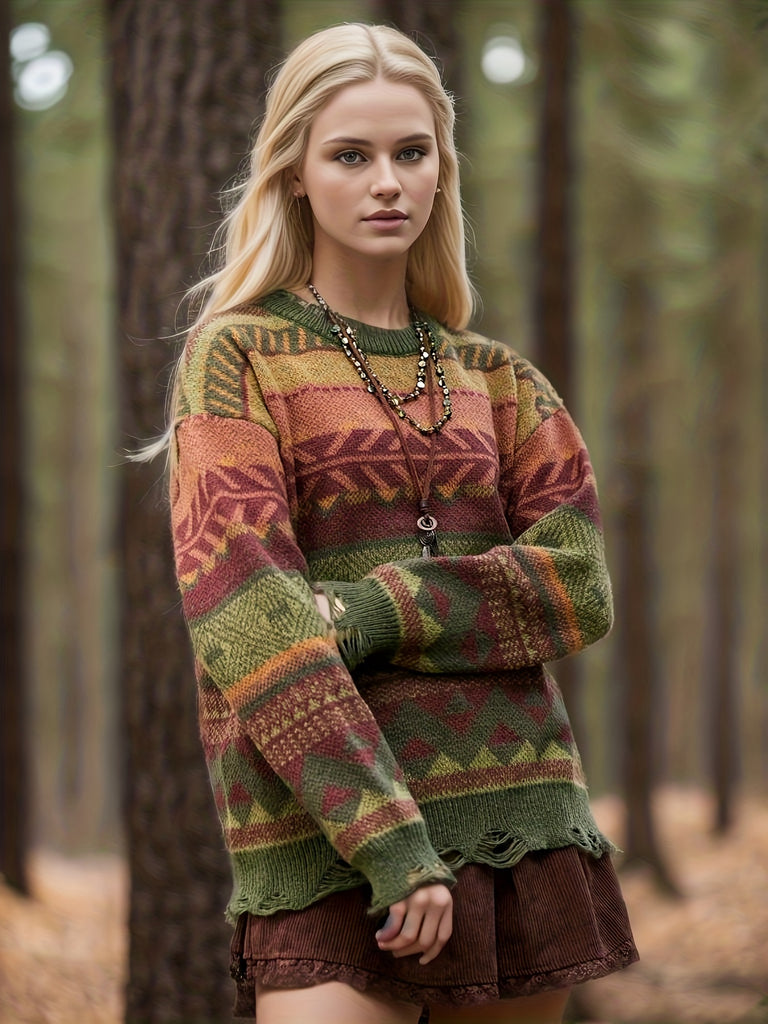 Tribal Pattern Crew Neck Pullover Sweater, Casual Ripped Long Sleeve Sweater, Women's Clothing