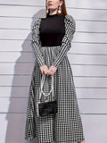 hoombox  Houndstooth Print Mock Neck Dress, Elegant Long Sleeve Aline Splicing Dress For Spring & Fall, Women's Clothing