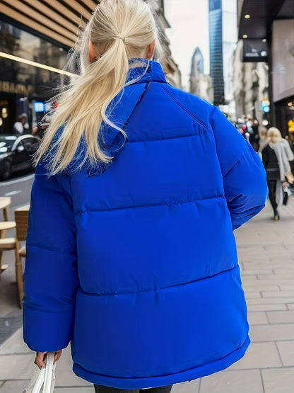 Loose Thickened Warm Jacket, Solid Color Zipper Puffer Coat, Women's Activewear