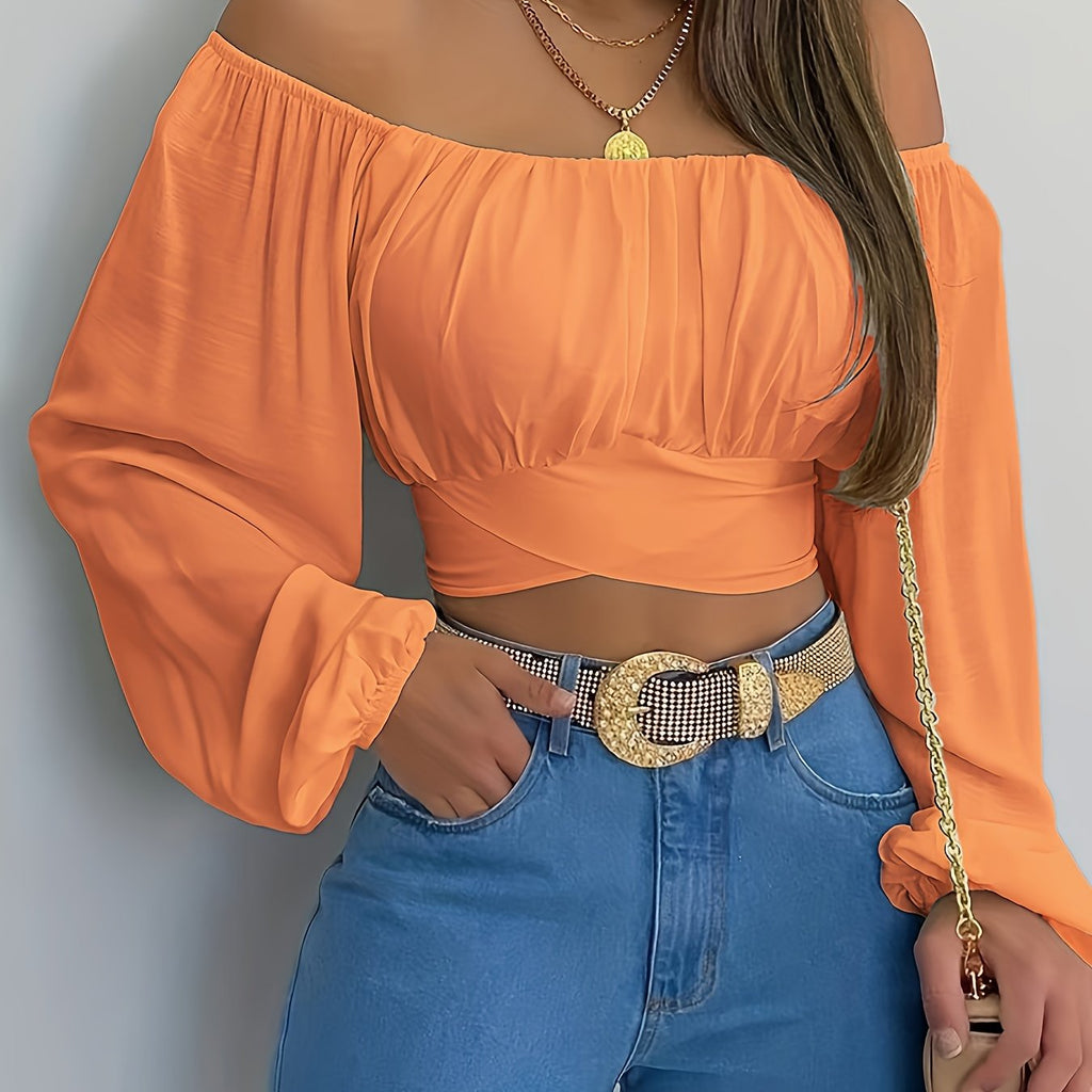 Solid Cross Tie Back Crop Blouse, Casual Off Shoulder Long Sleeve Top, Women's Clothing