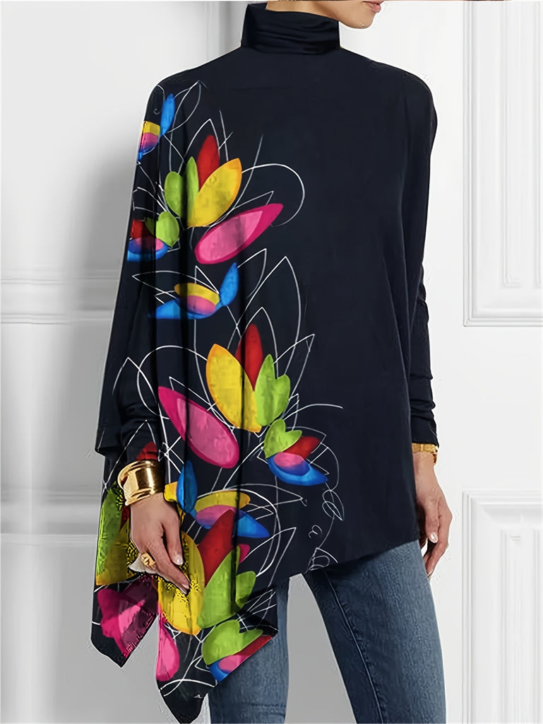 hoombox Floral Print Asymmetrical T-shirt, Casual Turtleneck Long Sleeve T-shirt, Women's Clothing