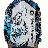 Men's Stylish Loose Wolf Pattern Hoodie With Pockets, Casual Slightly Stretch Breathable Long Sleeve Hooded Sweatshirt For City Walk Street Hanging Outdoor Activities