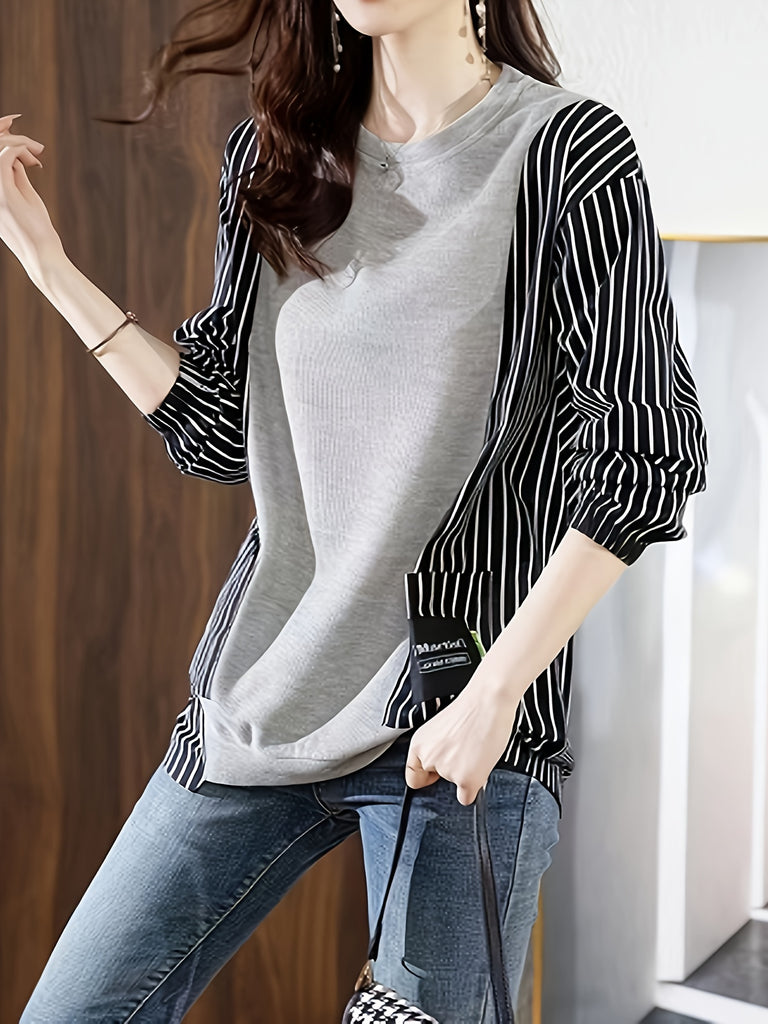 hoombox  Striped Print Pullover Sweatshirt, Casual Long Sleeve Crew Neck Color Block Sweatshirt For Fall & Winter, Women's Clothing