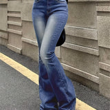 Plain Washed Retro Flare Jeans, Slim Fit High Stretch Slant Pockets Bell Bottom Jeans, Women's Denim Jeans & Clothing