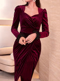 hoombox  Solid Color Split Wrap Dress, Elegant Long Sleeve Dress For Party & Banquet, Women's Clothing