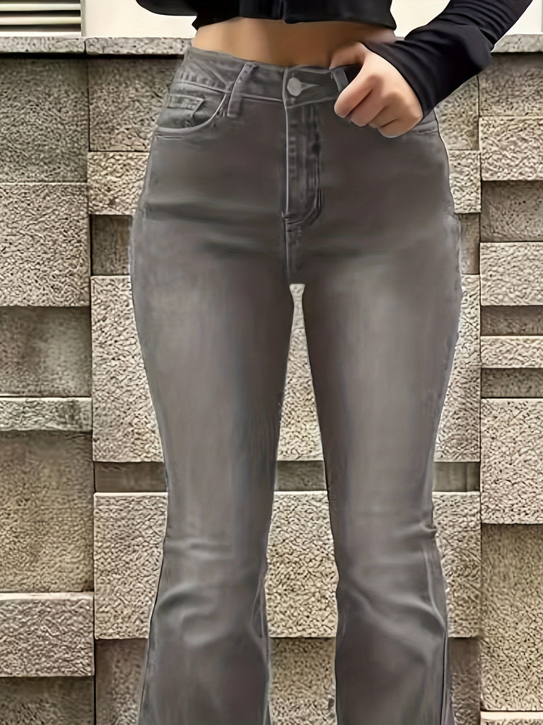 hoombox  Light Gray Distressed Bell Botton Jeans, Single Button Slant Pocket Loose Fit Flared Leg Jeans, Women's Denim Jeans & Clothing