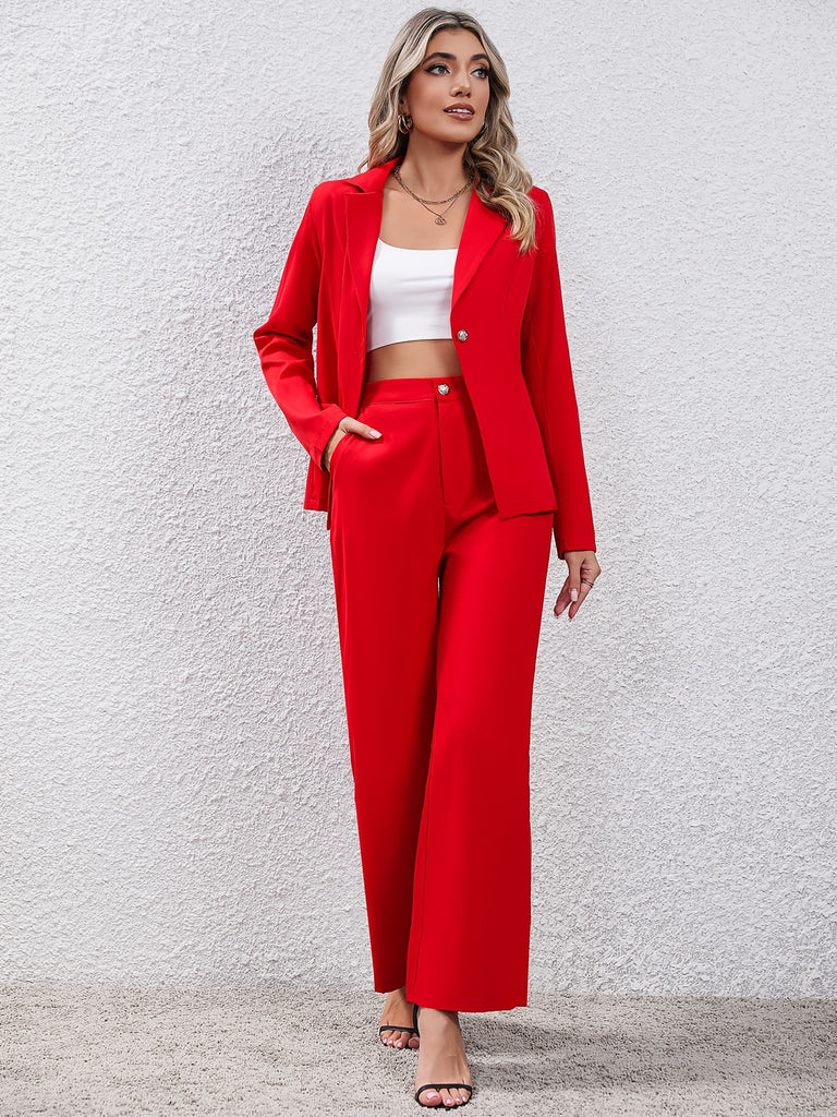 hoombox  Elegant Solid Two-piece Set, Lapel One Button Blazer & High Waist Wide Leg Pants Outfits, Women's Clothing
