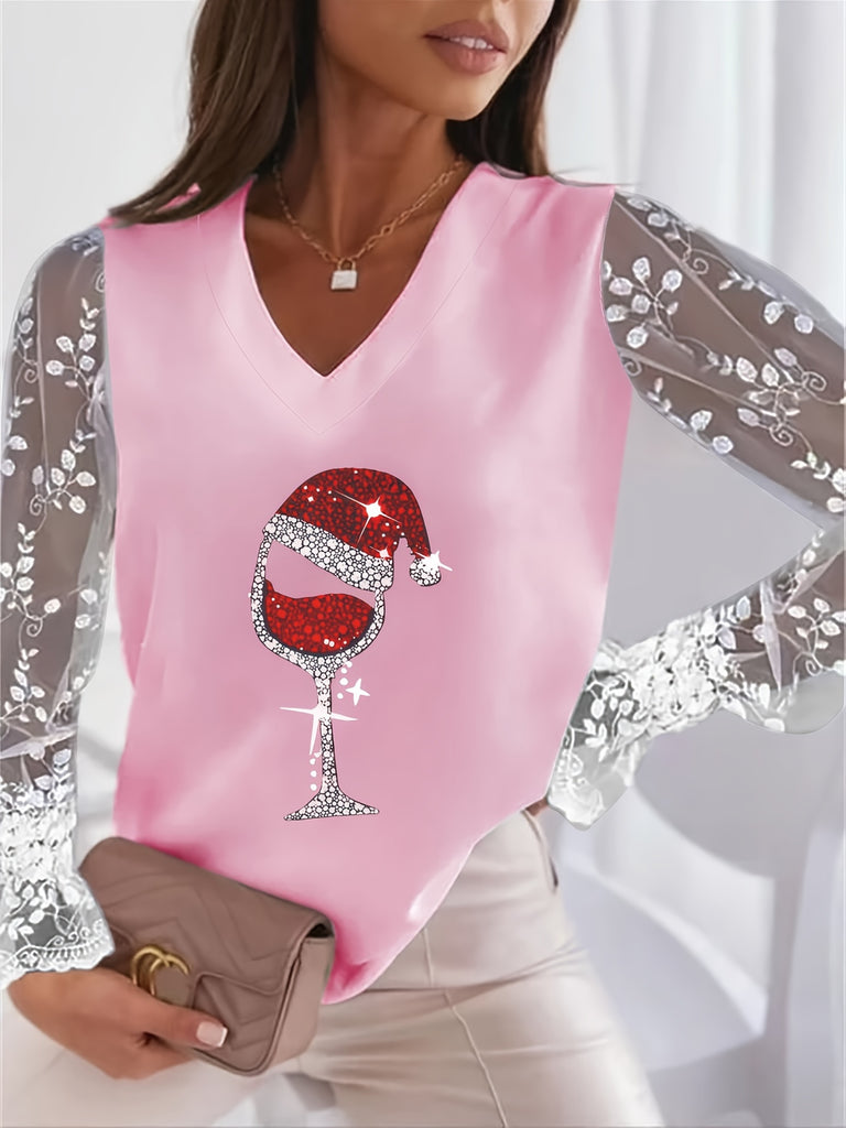 hoombox Christmas Wine Glass Pattern T-Shirt, Casual V Neck Lace Stitching Long Sleeve Top For Spring & Fall, Women's Clothing