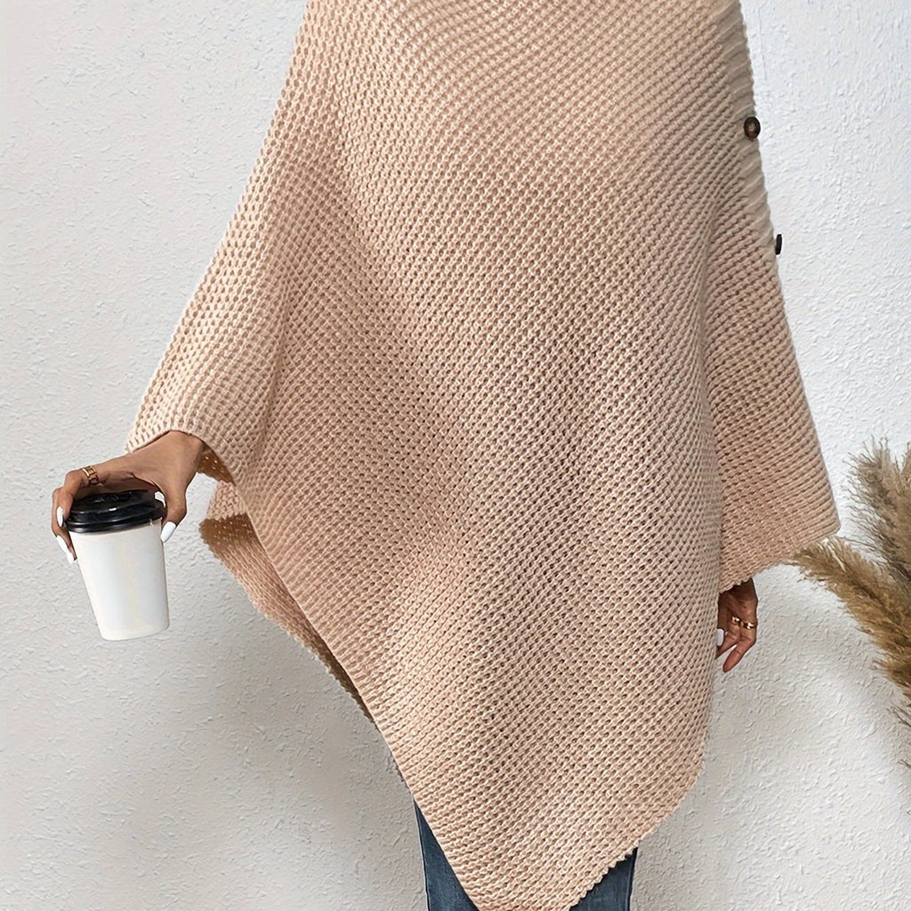 hoombox Hanky Hem Turtleneck Cape Sweater, Casual Button Decor Knit Sweater For Fall & Winter, Women's Clothing