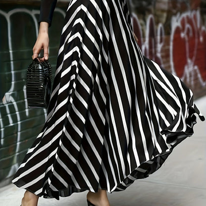 Plus Size Elegant Skirt, Women's Plus Stripe Print High Rise Swing A-line Maxi Skirt