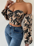 hoombox Floral Print Off Shoulder Blouse, Casual Long Sleeve Blouse For Spring & Fall, Women's Clothing