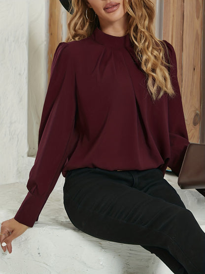 Solid Tucked Keyhole Blouse, Casual Long Sleeve Versatile Blouse, Women's Clothing