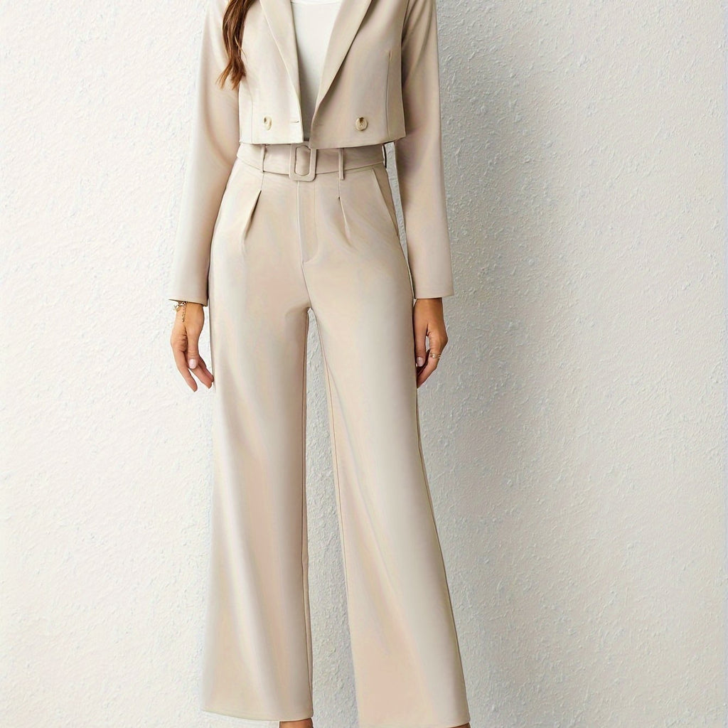 hoombox  Elegant Solid Two-piece Set, Crop Lapel Blazer & Straight Leg Pants Outfits, Women's Clothing