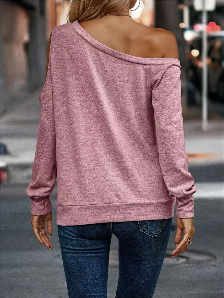 hoombox Cold Shoulder Skew Neck T-Shirt, Casual Long Sleeve T-Shirt For Spring & Fall, Women's Clothing