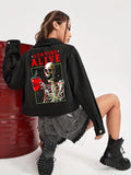 hoombox  Halloween Skeleton Pattern Denim Coat, Long Sleeves Lapel Denim Jacket, Women's Denim Clothing